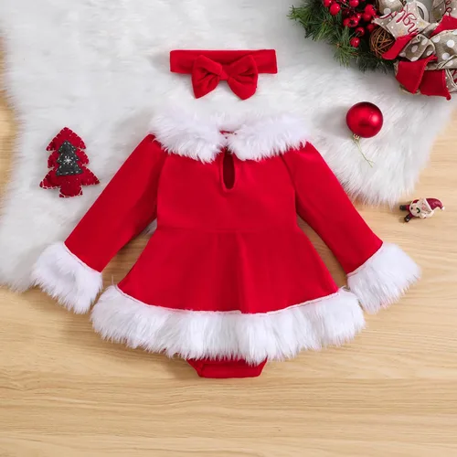 Miniatura 16 de WASAIGOOD Mameluco de Navidad para bebé niña, vestido de manga larga con ribete de piel, traje de terciopelo para Navidad, enterizo de invierno