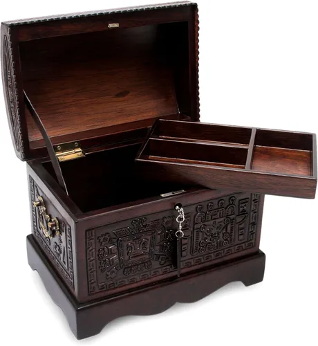 Miniatura 10 de NOVICA Caja de joyería de madera y cuero labrado Mohena con temática colonial, legado colonial