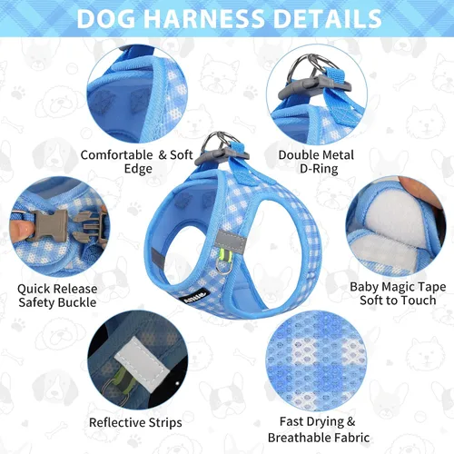 Miniatura 7 de AIITLE Juego de arnés y correa para perro, sin tirones, arnés de malla suave reflectante para cachorros y gatos extra pequeños, arnés de chaleco a