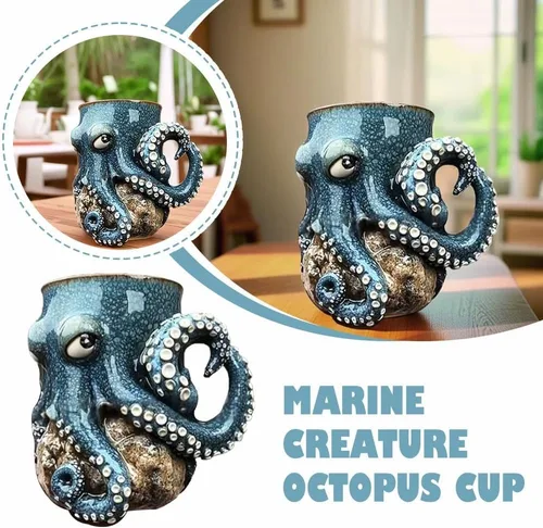 Miniatura 5 de Taza de pulpo de criatura oceánica para decoración del hogar, soporte para bolígrafo de pulpo 3D, único y novedoso con mango de tentáculo, bigote