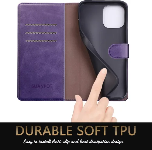 Miniatura 5 de SUANPOT Funda de piel tipo cartera para iPhone 12 Pro Max con bloqueo RFID, tarjetero de crédito, libro de folio magnético de poliuretano para Apple