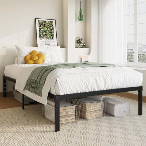 Miniatura 3 de Allewie Base de cama individual, camas de plataforma de metal de 14 pulgadas con espacio de almacenamiento, no necesita somier y fácil montaje, Negro