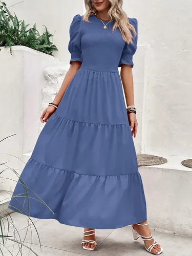 Miniatura 98 de BTFBM Vestidos para mujer, cuello redondo, casual, de verano, con volantes, manga corta, bohemio, con niveles, fruncido, largo, con estampado floral