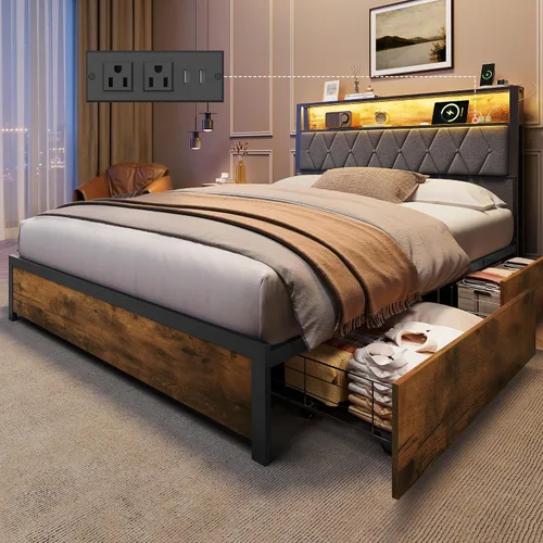 Miniatura 8 de WLIVE Base de cama individual con cabecero, base de cama tapizada con 2 estantes de almacenamiento, cama de plataforma con luces LED y estación