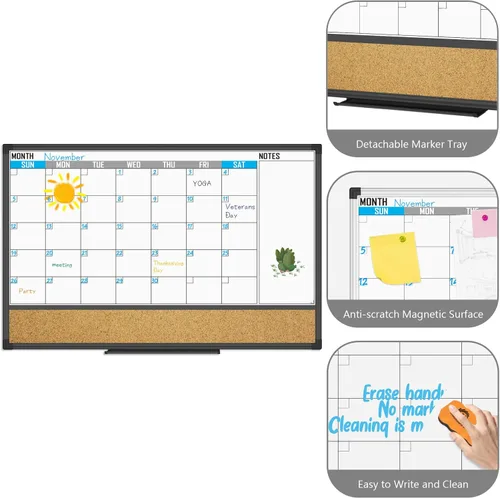 Miniatura 3 de XBoard Calendario de Pizarra Blanca de Borrado en Seco 36 X 24 Pulgadas - Calendario Combinado de Pizarra Blanca Mensual, Pizarra Blanca Magnética +