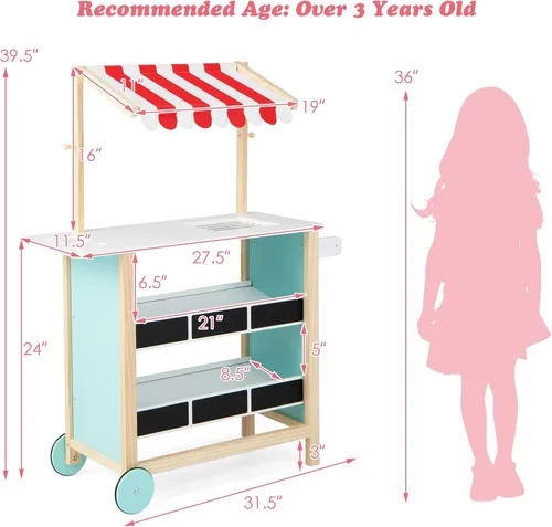 Miniatura 7 de HONEY JOY Carrito de Helados para Niños, Set de Juego de Tienda de Abarrotes de Madera con 6 Piezas de Comida de Juguete, Campana Realista y Báscula
