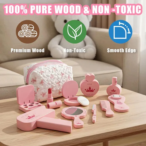 Miniatura 2 de Juego de juguetes de maquillaje de madera para niñas, kit de maquillaje con sombra de ojos, rímel, perfume, rubor, espejo, bolsa, juguetes