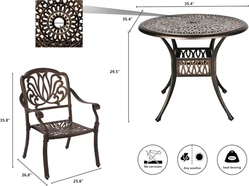 Miniatura 6 de TITIMO Juego de comedor de 5 piezas de aluminio fundido para patio al aire libre, 4 sillas con patrón y mesa redonda de 35.4 pulgadas, juego de Sin
