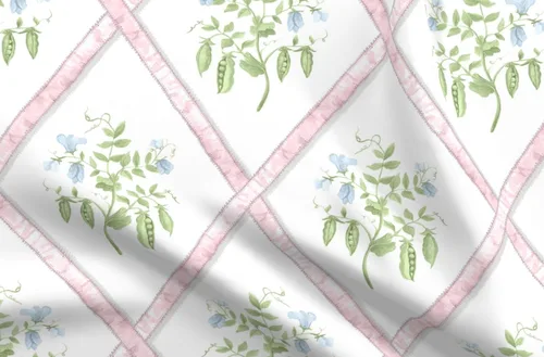 Spoonflower Tela - Cintas de enrejado rosa planta de guisante azul verde Grandmillenial impreso en tela de gasa Fat Quarter - Costura de ropa de