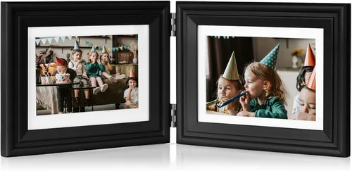 Marco de fotos doble de madera con bisagras horizontales de 5 x 7 pulgadas, marco de fotos plegable con frente de cristal real en negro para mesa,
