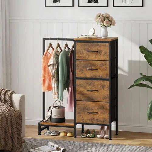 Miniatura 3 de HIGDBFE Cómoda con estante para colgar, armario pequeño de 4 cajones para dormitorio, cómoda de tela reversible para niños con perchero, torre
