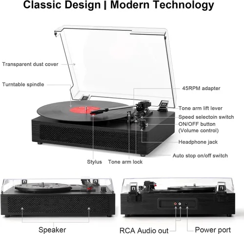 Miniatura 3 de Tocadiscos de vinilo con Bluetooth y altavoces estéreo integrados, tocadiscos vintage de 3 velocidades con parada automática, salida RCA y entrada
