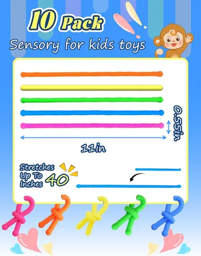 Miniatura 5 de Paquete de 10 juguetes sensoriales para niños – Cuerdas sensoriales elásticas extra gruesas mejoradas para autismo, TDAH, ansiedad – Caja de regalo