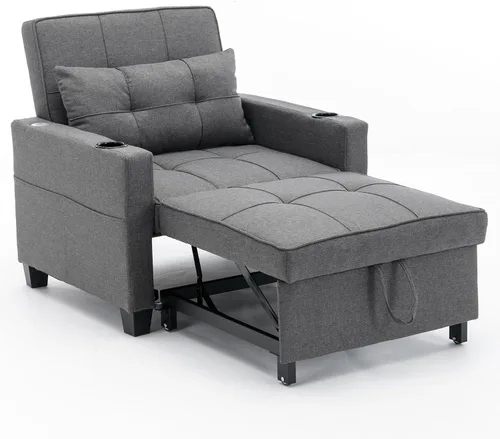 Miniatura 7 de Silla cama cama convertible ajustable con almohada, silla extraíble con puertos USB, antiarañazos, para sala de estar, dormitorio, apartamento, Lino
