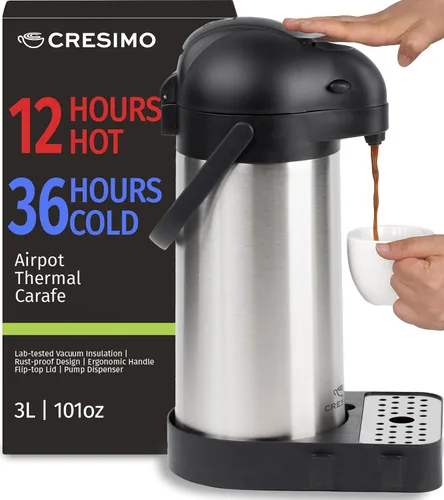 Miniatura 2 de Dispensador de café Airpot con bomba y bandeja - Jarra de café de 102 oz/3L con bomba - Dispensador de bebidas calientes de 12 horas para fiestas