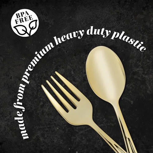 Miniatura 5 de Plasticpro Utensilios desechables de plástico dorado para servir, 6 tenedores y 6 cucharas, utensilios de servicio duraderos y resistentes