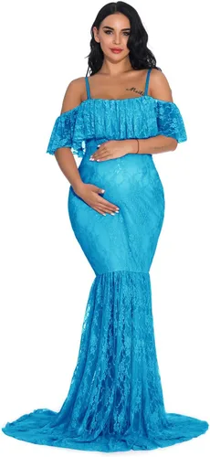 ZIUMUDY Vestido de maternidad de encaje ajustado con mangas con volantes y hombros descubiertos, vestido de fotografía para baby shower