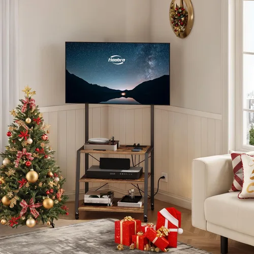 Miniatura 10 de HOOBRO - Soporte de TV móvil con soporte y toma de corriente hasta 55 pulgadas, centro de entretenimiento de esquina, soporte de TV pequeño con 3
