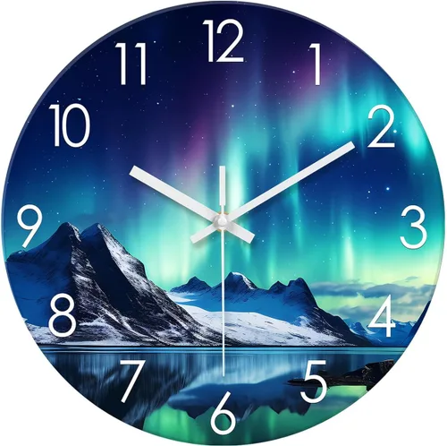 XNM Relojes de Pared de Cristal Verde Azulado Operados con Batería 12 Pulgadas Aurora Relojes de Pared Modernos para Decoración de Sala de Estar
