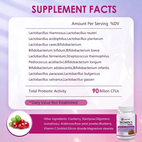 Miniatura 2 de OMOGS 2 probióticos para mujer, con extracto de arándano, prebióticos orgánicos y vitamina C, 90 mil millones de UFC, 18 cepas, ayudan a aumentar