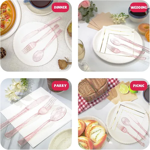Miniatura 6 de hapray Juego de cubiertos de plástico color oro rosa de 180 piezas, cubiertos desechables con purpurina, juego de cubiertos, 60 tenedores, 60