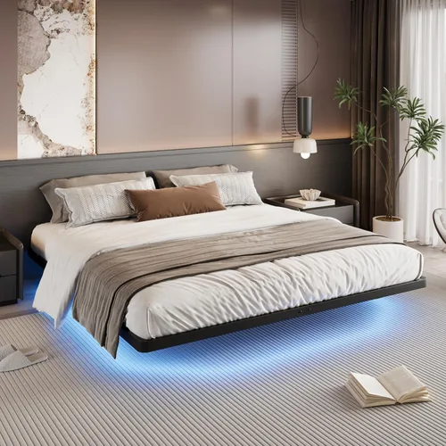 Miniatura 9 de SHA CERLIN Marco de cama flotante tamaño twin con luces LED inteligentes y estación de carga, cama de plataforma de metal resistente con diseño