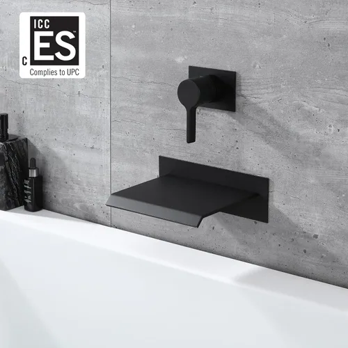 Miniatura 2 de sumerain Grifo de bañera de montaje en pared negro con boquilla de bañera en cascada manija única con válvula áspera de alto flujo Negro mate