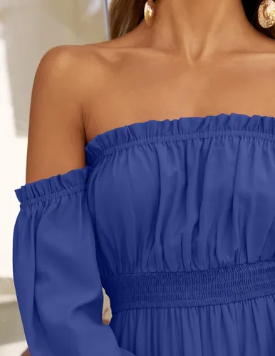 Miniatura 117 de ZESICA - Vestido largo, bohemio y sexy, con hombros descubiertos y manga larga fruncida, con elástico fruncido, cintura alta y abertura lateral