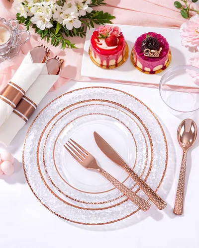 Miniatura 9 de Ciaell 350 platos de plástico color oro rosa, platos desechables de oro rosa transparente con cubiertos de plástico que incluyen 100 platos, 150