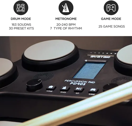 Miniatura 2 de PD405 Juego de batería eléctrica de mesa, con 163 sonidos de percusión, 4 almohadillas sensibles a la velocidad, 2 pedales y baquetas, regalo