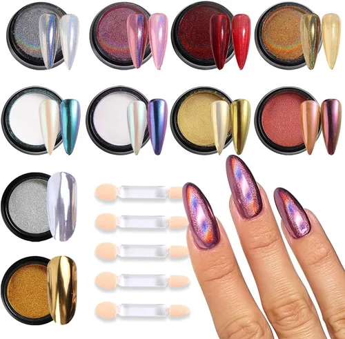 Miniatura 13 de Juego de polvos de uñas cromados, 14 colores, rosa, azul, plateado, efecto metálico, polvo de espejo para uñas con pinceles, pigmento holográfico