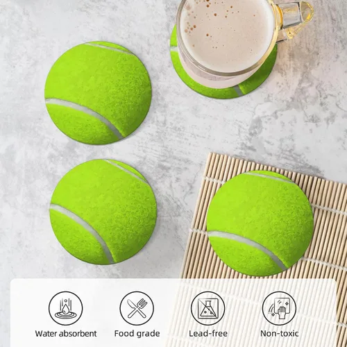 Miniatura 4 de Juego de 4 posavasos de pelota de tenis para bebidas, de cerámica absorbente, para mesa de café, barra de mesa de madera, 4 pulgadas O5