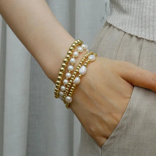 Miniatura 3 de Pulseras de cuentas de oro para mujer, perlas barrocas apilables, chapadas en oro de 14 quilates, pulsera de bolas elásticas para regalo de joyería
