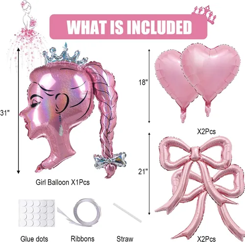 Miniatura 2 de Juego de globos de aluminio rosa princesa, 5 globos de lazo rosa, lámina de muñeca de corona y globos de corazón para maquillaje, cumpleaños