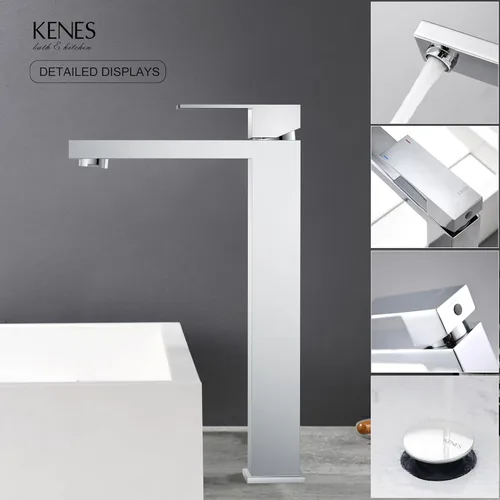 Miniatura 7 de KENES Grifo de lavabo de baño de una sola manija cromada, grifo de lavabo de baño alto con líneas de suministro de agua y desagüe de fregadero Cromo