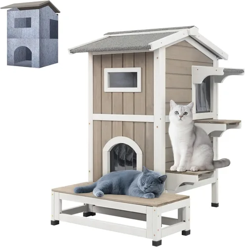 Miniatura 8 de PetsCosset Casa para gatos al aire libre resistente a la intemperie, refugio de gatos de dos pisos para exteriores, condominio interior para gatos