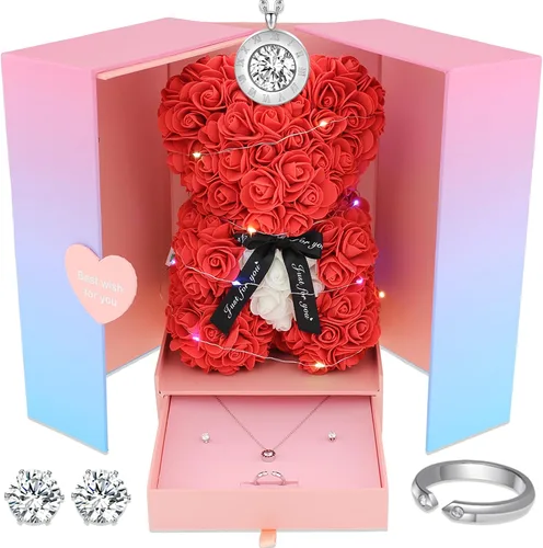 Juego de caja de regalo con diseño de oso de rosas, diseño de oso de rosas, para novia, mujer, esposa, aniversario, Navidad, San Valentín,