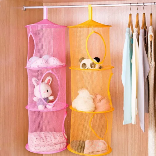 Miniatura 2 de Organizador de bolsas de malla para ahorrar espacio, 3 compartimentos, cesta de almacenamiento de juguetes para habitación de los niños, 3