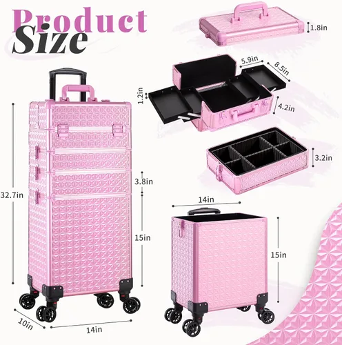 Miniatura 3 de AROUS Estuche de maquillaje rodante 5 en 1, estuche de cosmetología con ruedas, organizador cosmético grande, carro de viaje para estilista