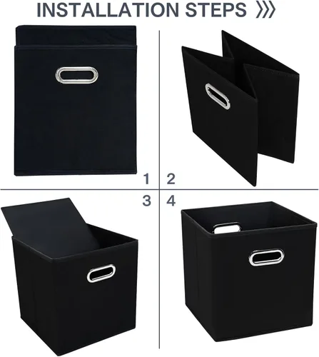 Miniatura 6 de Cubos de almacenamiento de tela negra, 11 x 11 x 11 pulgadas, canastas organizadoras de tela con asa, cesta plegable para armario o caja