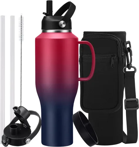 Miniatura 15 de Botella de agua de acero inoxidable de 32 onzas, frío-48 horas y caliente-24 horas, termo con popote y tapas de boquilla, bolsa, botella aislada al