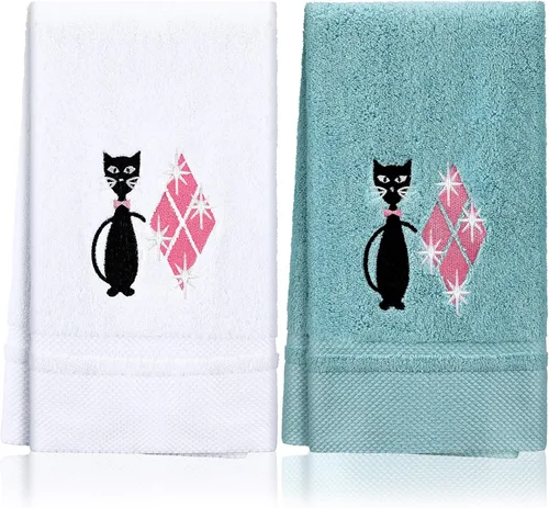 Macarrie 2 toallas de cocina modernas de mediados de siglo con diseño de gato negro retro, toallas de algodón bordadas absorbentes para cocina,