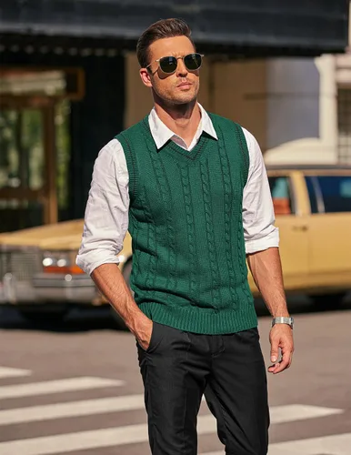 Miniatura 4 de COOFANDY Suéter para hombre, cuello en V, ajustado, casual, sin mangas, tejido trenzado