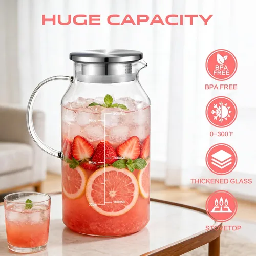 Miniatura 2 de Aofmee Jarra de vidrio con tapa y asa, jarra de agua de vidrio con tapa, jarra de té helado, jarra de borosilicato para bebidas frías o calientes