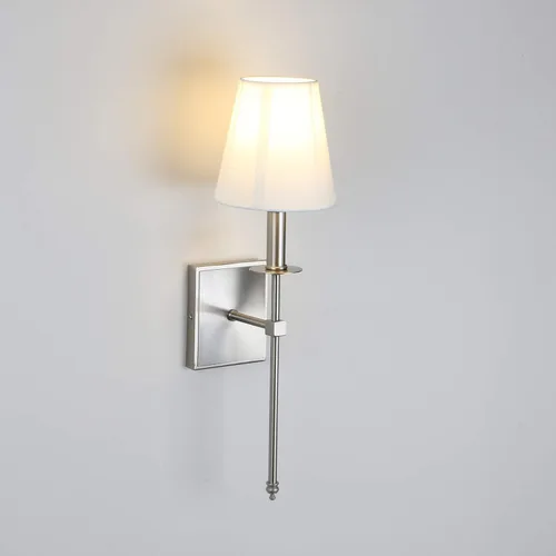 Miniatura 9 de PERMO Aplique de pared industrial rústico clásico con cable con pantalla textil blanca acampanada y soporte de columna cónico de níquel cepillado