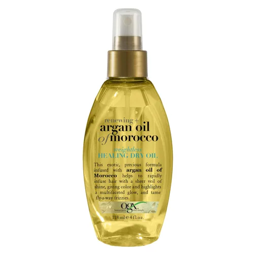 OGX Aceite de Argán renovador de Marruecos en aerosol, aceite reparador ligero y seco, spray para el cuidado del cabello, bruma ligera para puntas
