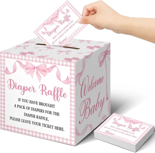 Miniatura 43 de Teling 51 boletos para rifas de pañales con caja de tarjetas, decoración de baby shower, caja de soporte para baby shower, para fiesta de rifas