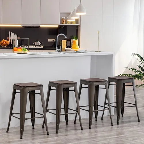 Miniatura 10 de Juego de 4 taburetes de bar de metal sin espalda de 24 pulgadas, apilables, industriales, para taburetes de isla de cocina, con asiento de madera