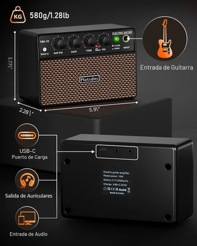Miniatura 9 de Flatsons FBA-10 Amplificador de Guitarra, Amplificador Eléctrico Mini de 10W con Canal Limpio/Drive, 6H de Funcionamiento, Recargable por USB-C
