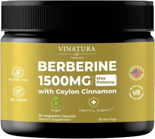 VINATURA Berberina 1500mg - Suplemento de berberina con canela de Ceilán, berberina HCL de máxima potencia - 90 cápsulas